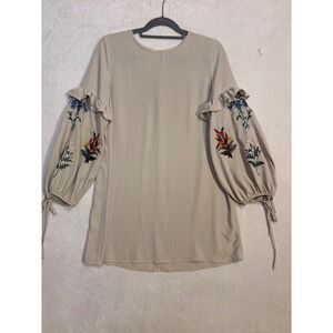 Polagram Beige Embroidered Floral Tie Balloon Sleeve Mini Dress Ruffle Detail